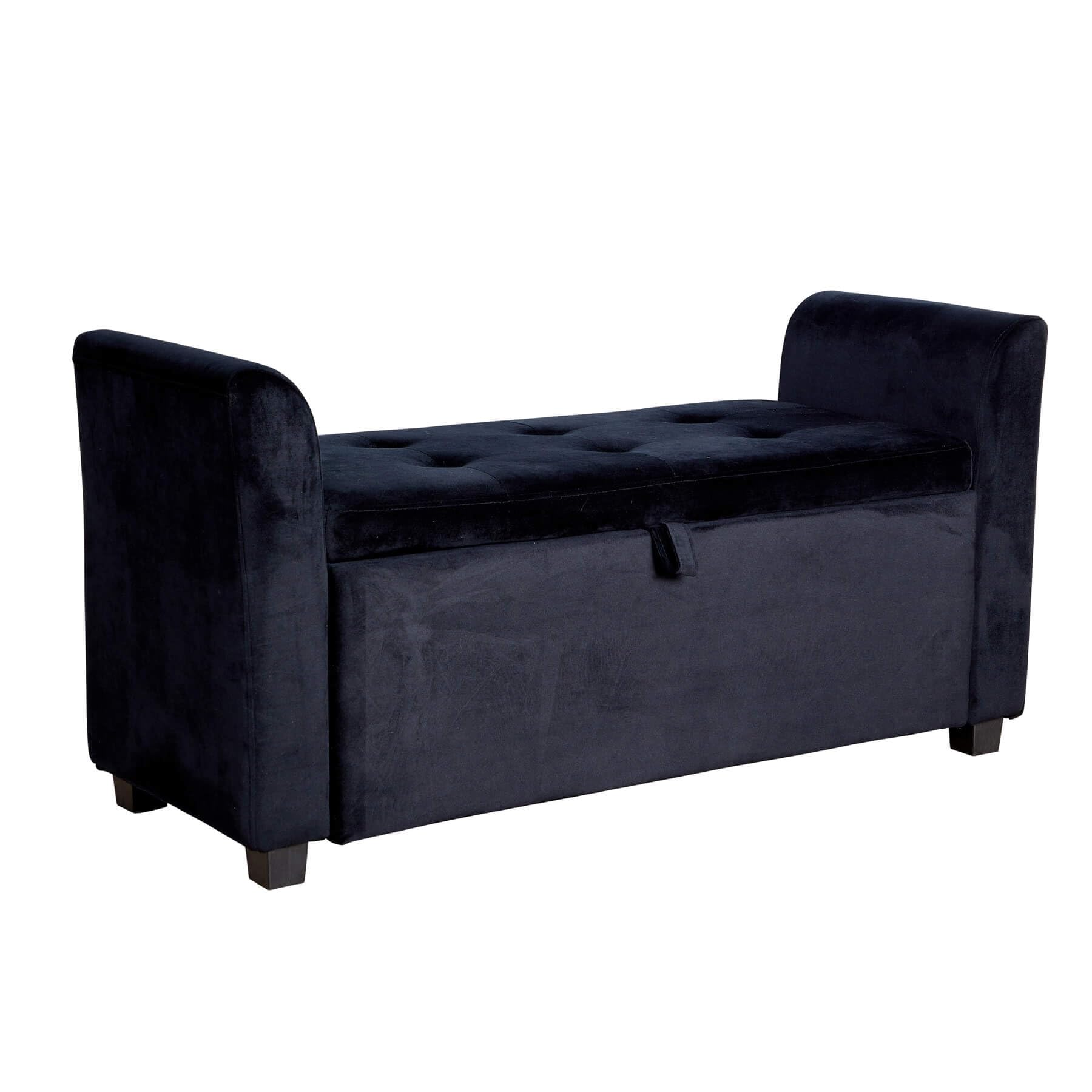 Home Source Storage Ottoman Window Seat, Velvet Footstool Bench, Lift Up Lid Chest, Bedding Blanket Toy Box, 120cm, Black