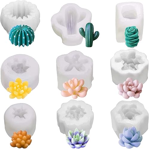 9 moldes de silicona para suculentas, moldes de resina de flores de cactus 3D, moldes de arcilla de cactus, molde de pastel de flores, moldes de