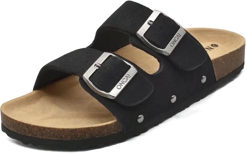 ONCAI Womens Flat Slide Sandals with Arch Support 2 Strap Adjustable Buckle Slip on Slides Shoes Non Slip Rubber Sole
