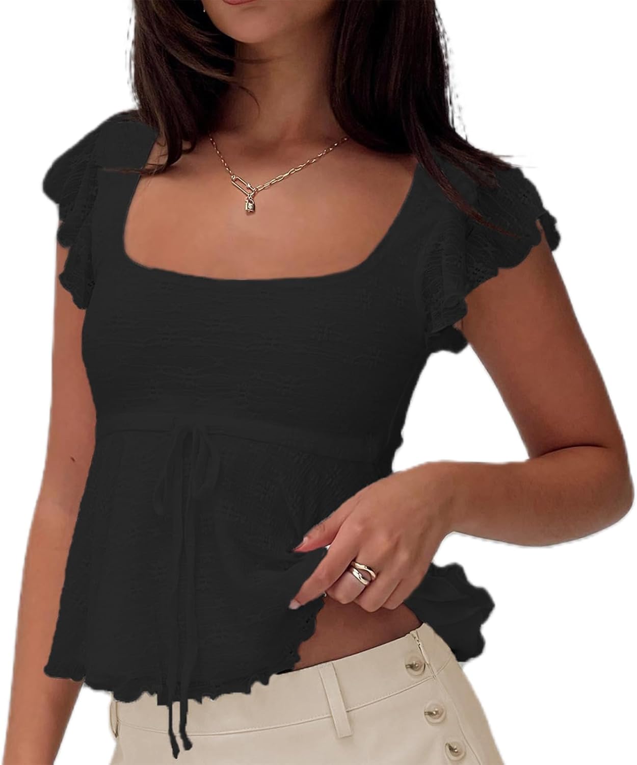 Women Square Neck Peplum Top Y2k Cap Sleeve Layered Ruffle Trim Printed Top Lace Up Slim Fit Solid Color Shirt