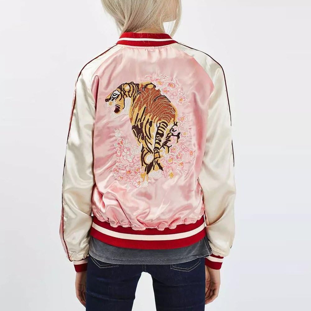 Women's Reversible Crane Tiger Fujiyama Embroidery Bomber Jacket Japanese Style Pink Blue - Image 3