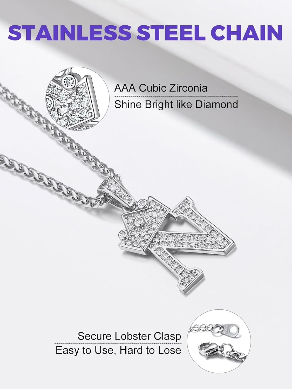 Richsteel Silver Crown Initial A-Z Necklace, Cubic Zirconia Letter Pendant with 22"+2'' Adjustable Chain, Men Women Bling Hip Hop Jewelry for Father's Day/Anniversaries/Birthdays