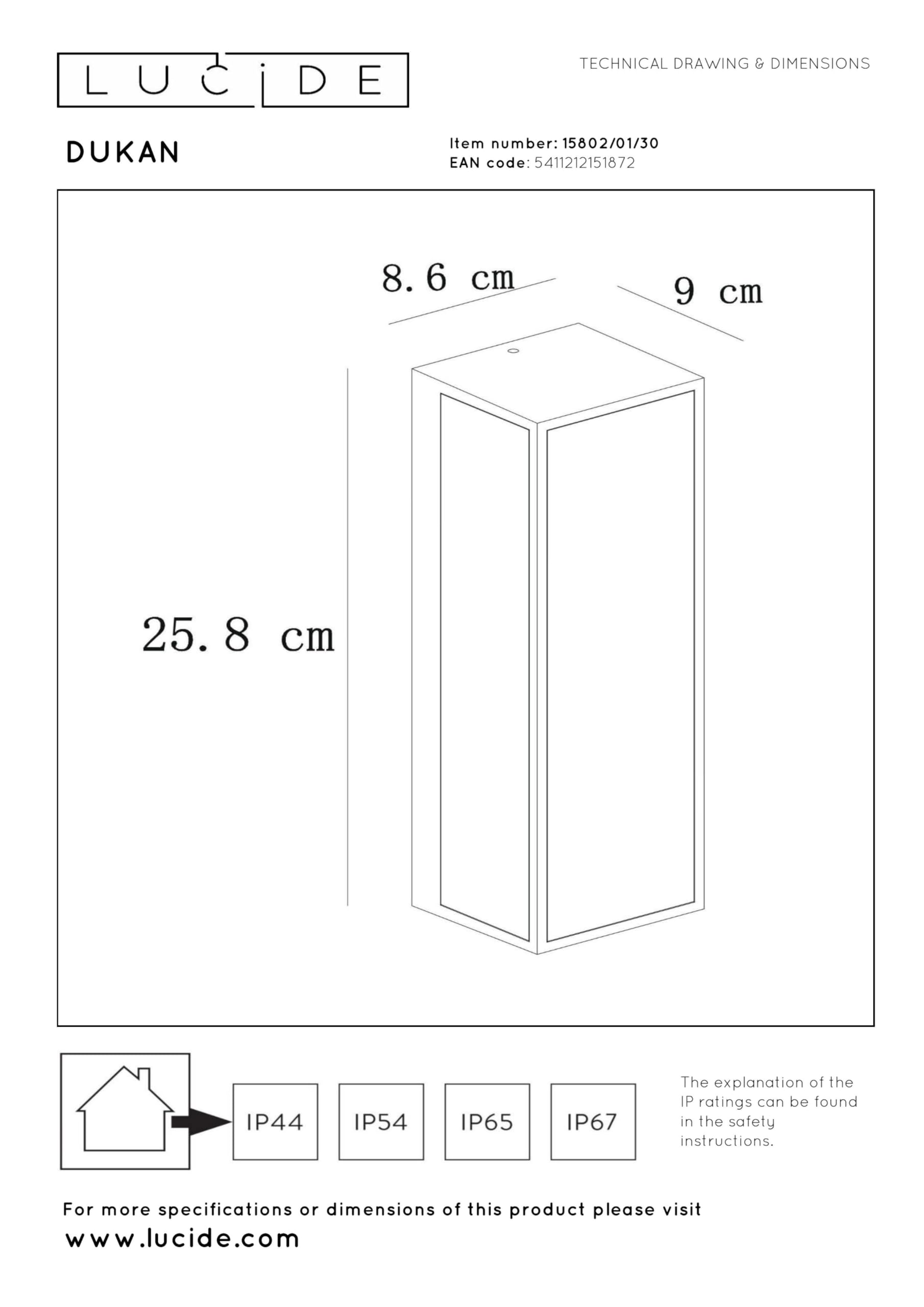 LUCIDE DUKAN - Applique murale Intérieur/Extérieur - 1xE27 - IP65 - Noir
