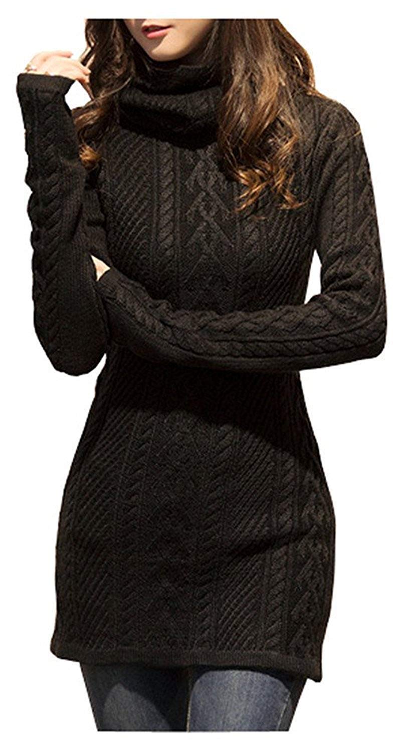 v28 Women Polo Neck Long Slim Fitted Dress Bodycon Turtleneck Cable Knit Sweater