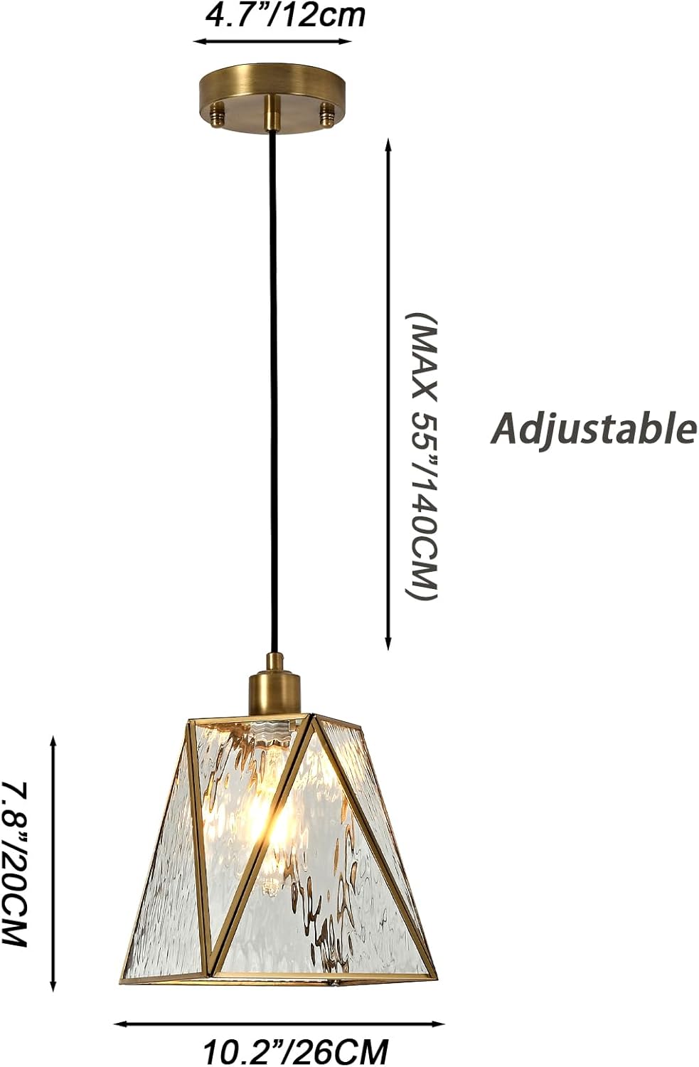 Milaii Copper Brass Pendant Light with Water Ripple Glass Lampshade 10.2" Geometric Glass Pendant Lighting Adjustable Hanging Lights Fixture for Kitchen Island Dining Room Hallway