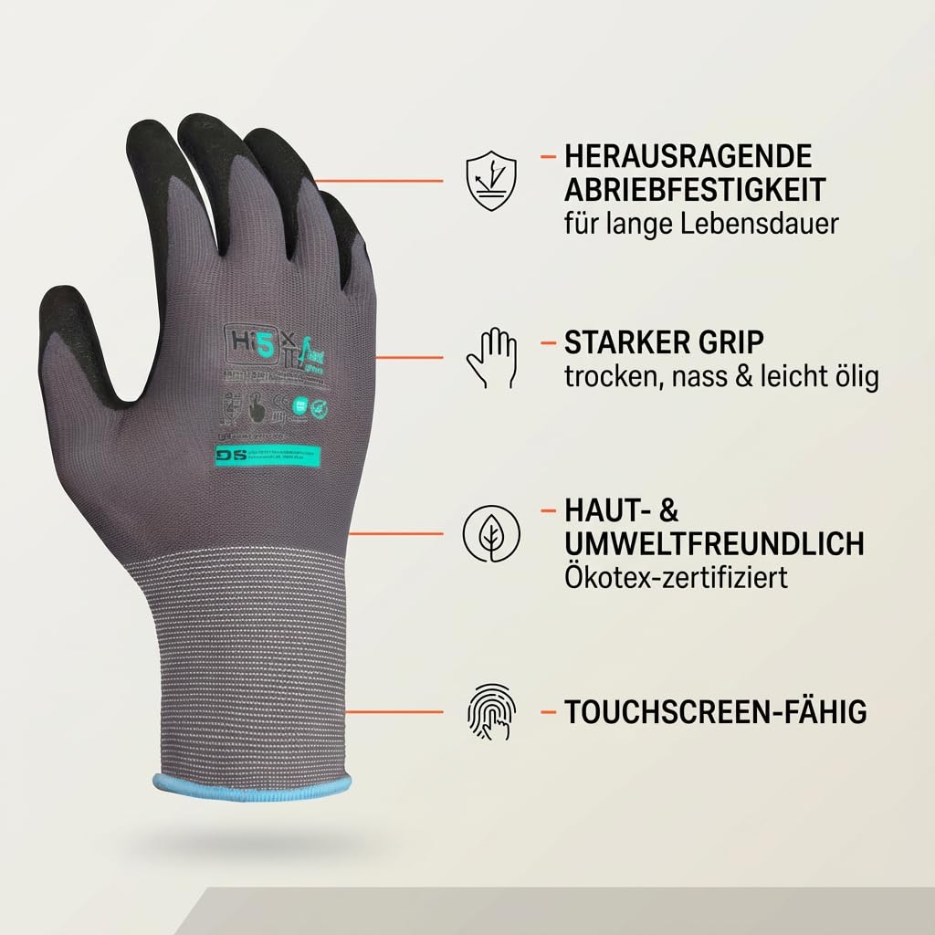 Hi5 DS SafetyWear X-FlexiTec Arbeitshandschuhe 4121X – 15G Nylon/Spandex mit nitrilmikroschaumbeschichteter Handfläche – Touchscreen geeignet – grau/schwarz – EN 388 (120, XL)