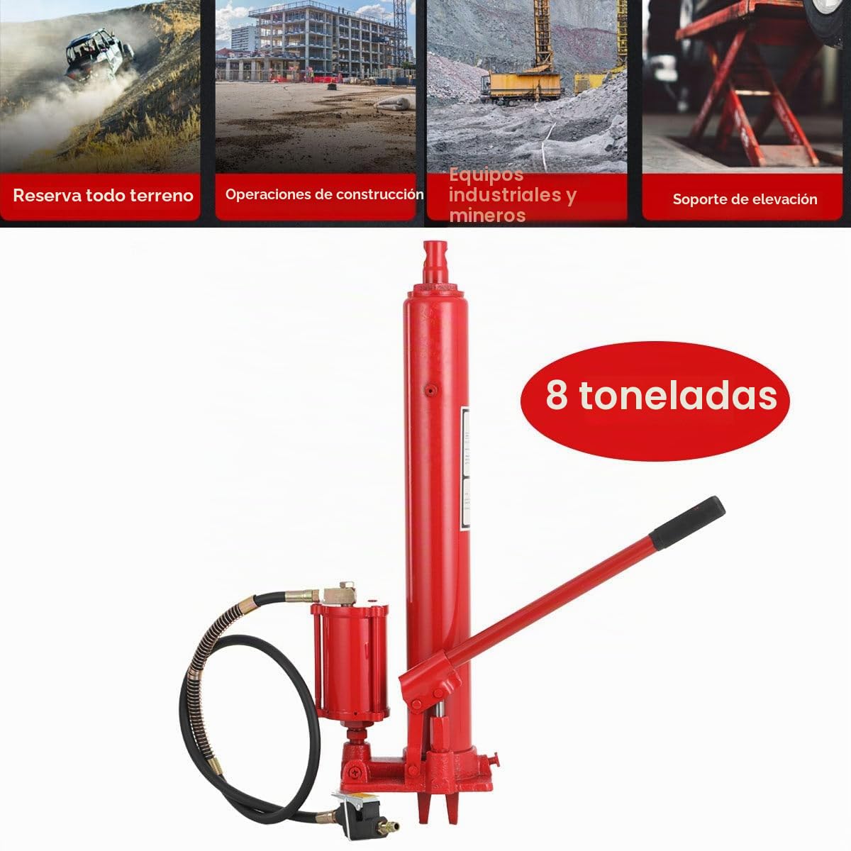 Cilindro hidráulico 8T (17363 libras) con cilindro largo y bomba de aire, recorrido de altura de elevación 500 mm (agujeros 660-1160 mm) cilindro hidráulico de elevación larga