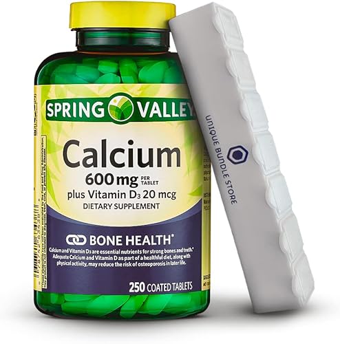 Spring Valley, Calcio 600 mg con vitamina D3, suplemento dietético, suplemento de calcio 600 mg, 250 unidades + organizador de píldoras de 7 días