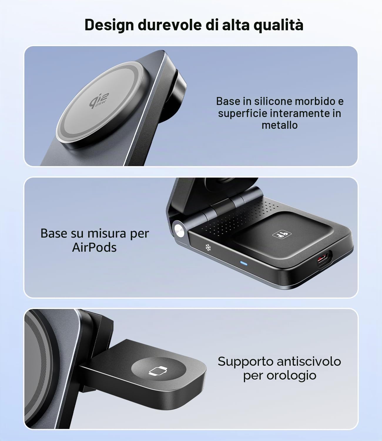 3 in 1 Caricatore Wireless Magnetico per Qi2.2 25W [Adattatore 45W] Compatibile con MagSafe iPhone17, Apple Watch, AirPod, Supporto di Ricarica Wireless Portatile e Pieghevole per i Viaggi