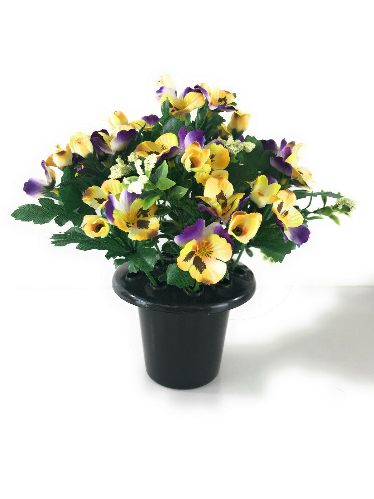 Direct Florist Supplies Multicolor - Artificial Flower Grave Pot - Graveside Cemetery Memorial Arrangement - Colourful Spring Summer (Yellow & Purple Pansy)