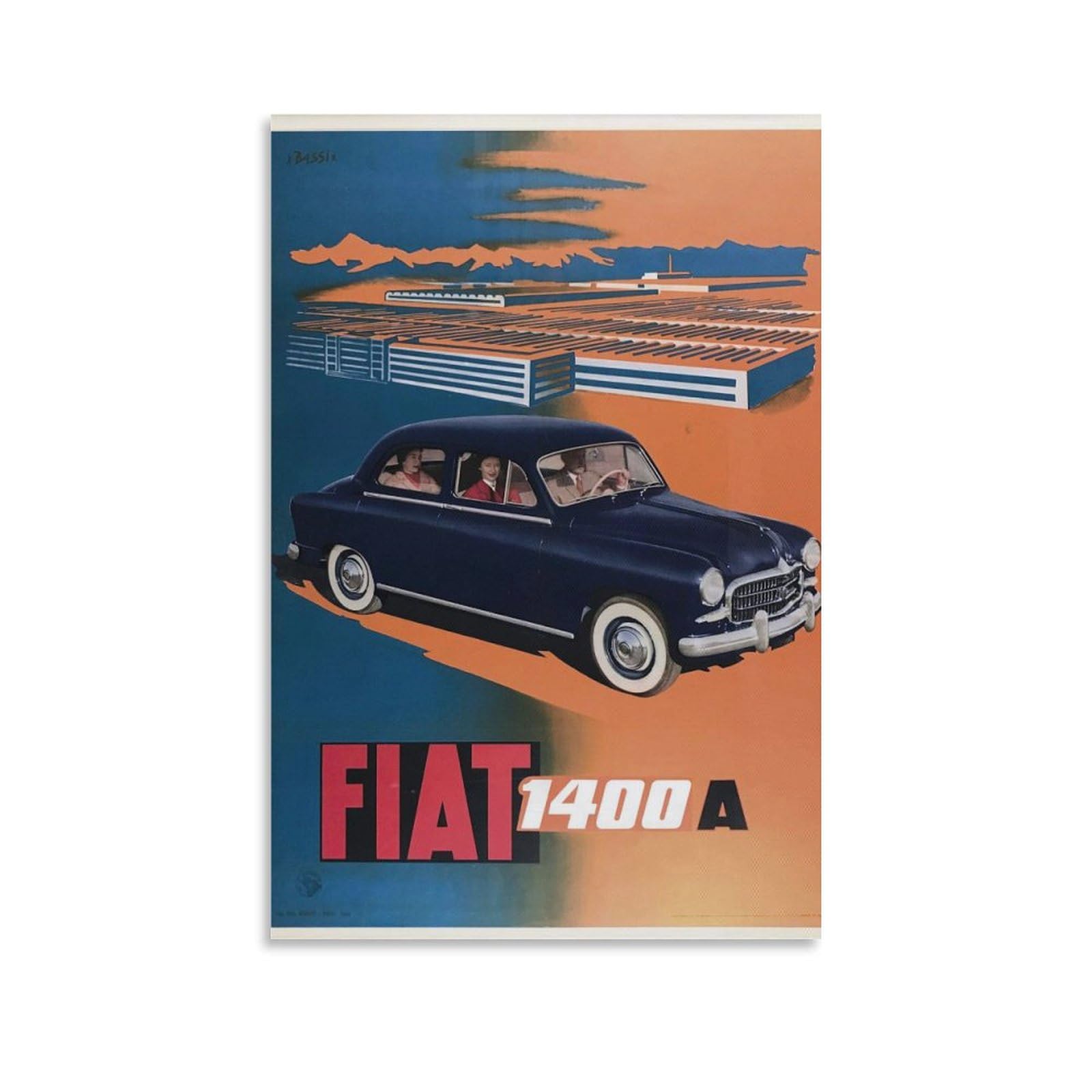 SXDMOUBK 1954 Fiat 1400A Italy Vintage Illustrated Travel Poster Canvas Painting Wall Art Decorative Picture Prints Modern Decor 20x30inch(50x75cm)