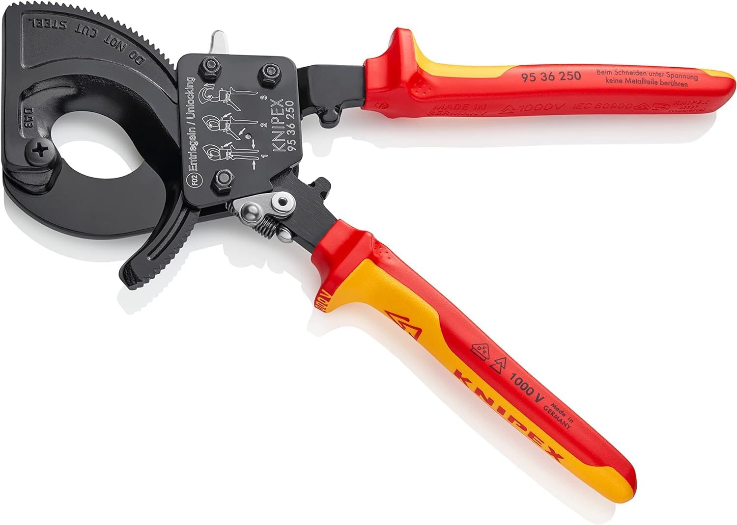 Knipex Coupe-câbles à cliquet, 250 mm, 1000V pour câble Cu et AI jusqu'à 32 mm (240 mm²), coupe-câbles, coupe-fils, forte démultiplication, 95 36 250