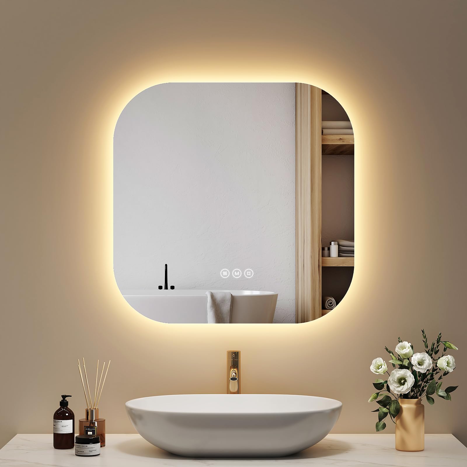 EMKE Specchio da bagno con illuminazione 60x60 cm, Anti-Appannamento, 3 colori di luce regolabili, luminosità regolabile, funzione memoria, risparmio energetico, Specchio LED Quadrato