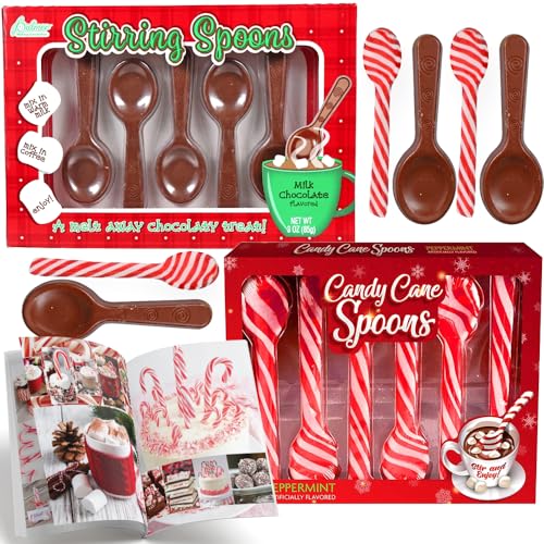 Candy Cane Peppermint Flavored & Milk Chocolate Spoons | Edible Stirring Beverage Hot Chocolate Cocoa Tea Coffee Cocktail | Christmas Holiday Gift | Plus Muchai Booklet (1 Pack of Each (11 Total Spoons))