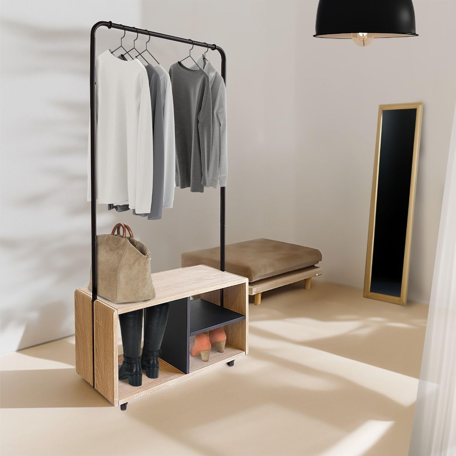 Box and beyond Casey - Perchero para ropa (72 x 31 x 153 cm), madera natural y metal negro, estantes, ruedas, perchero, abrigos, zapatos, entrada, lavadero, estilo moderno