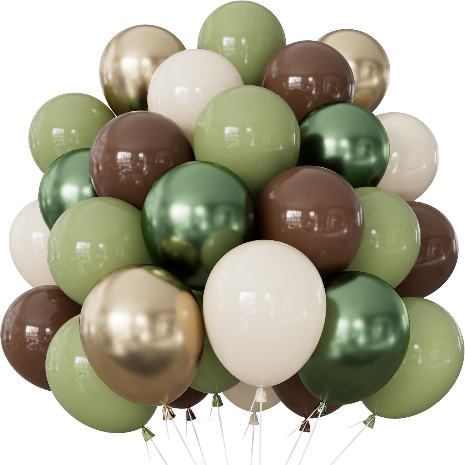 Adeyoo Green and Brown Balloons - 12 Inch Metallic Green and Gold Balloons with Sage Sand White Balloon Glitter Hunting Balloon for Jungle Safari Birthday Dinosaur Woodland Theme Party Decorations
