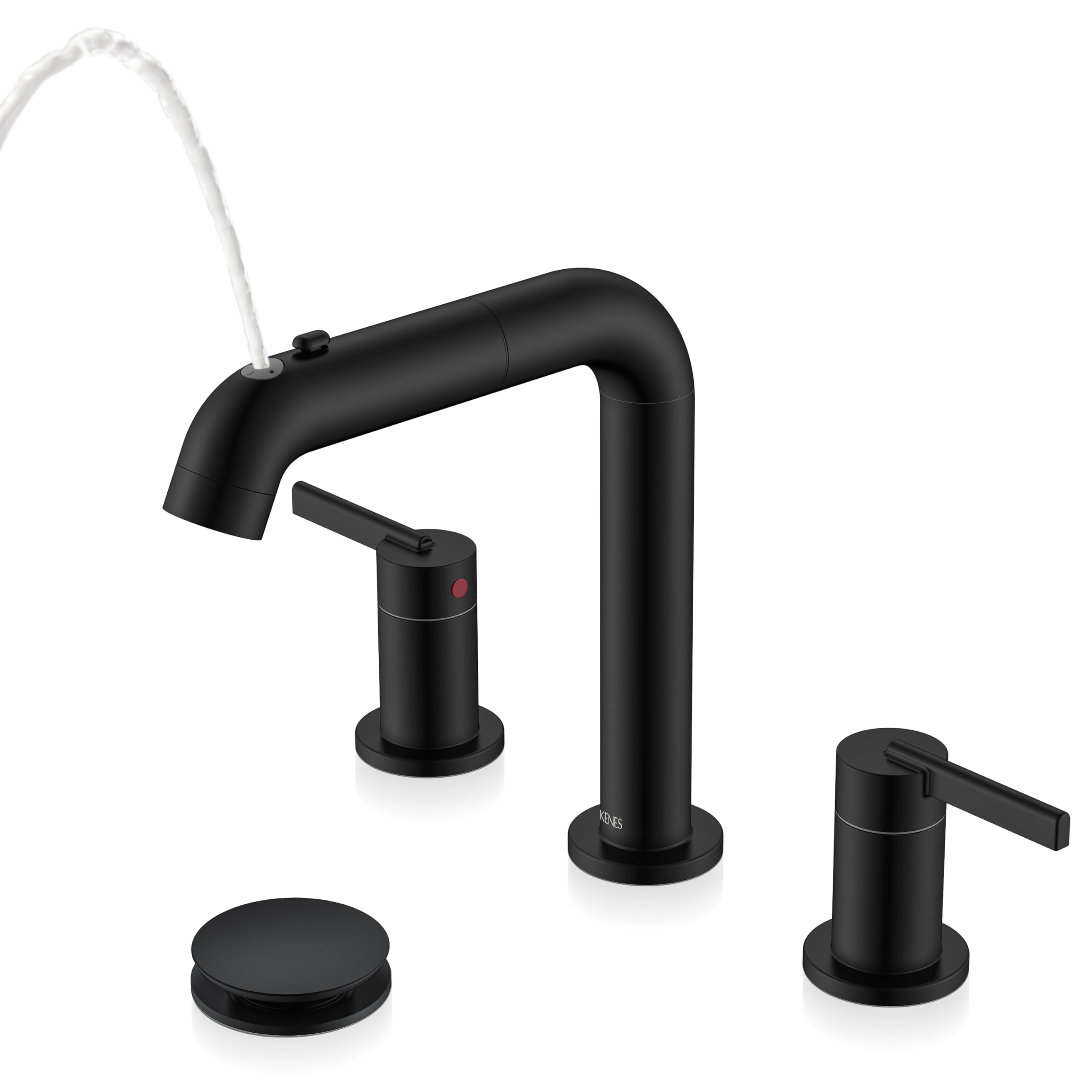 KENES Matte Black Pull Out Bathroom Faucet 8 Inch 2 Handle Widespread Bathroom Faucet 3 Hole with Pull