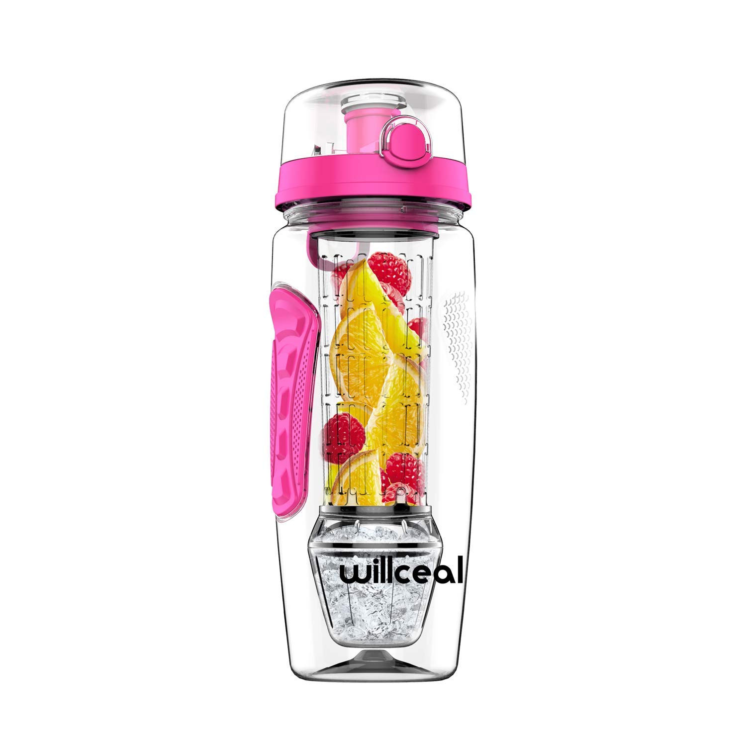 willceal Bouteille d'eau pour infuseur de fruits 32 oz durable avec boule de gel amovible, grande - Tritan sans BPA, couvercle à rabat, protection anti-fuites - Sports, Camping (Rose) - 3