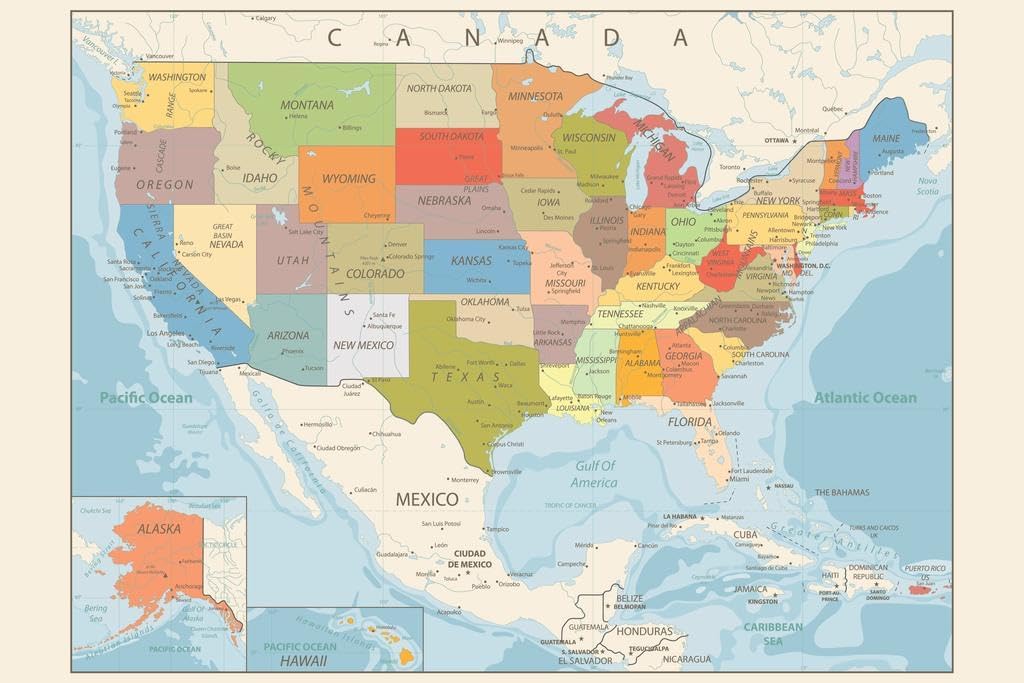 Gulf Of America Map USA United States Updated 2026 Cool Wall Art Print Poster 36x24