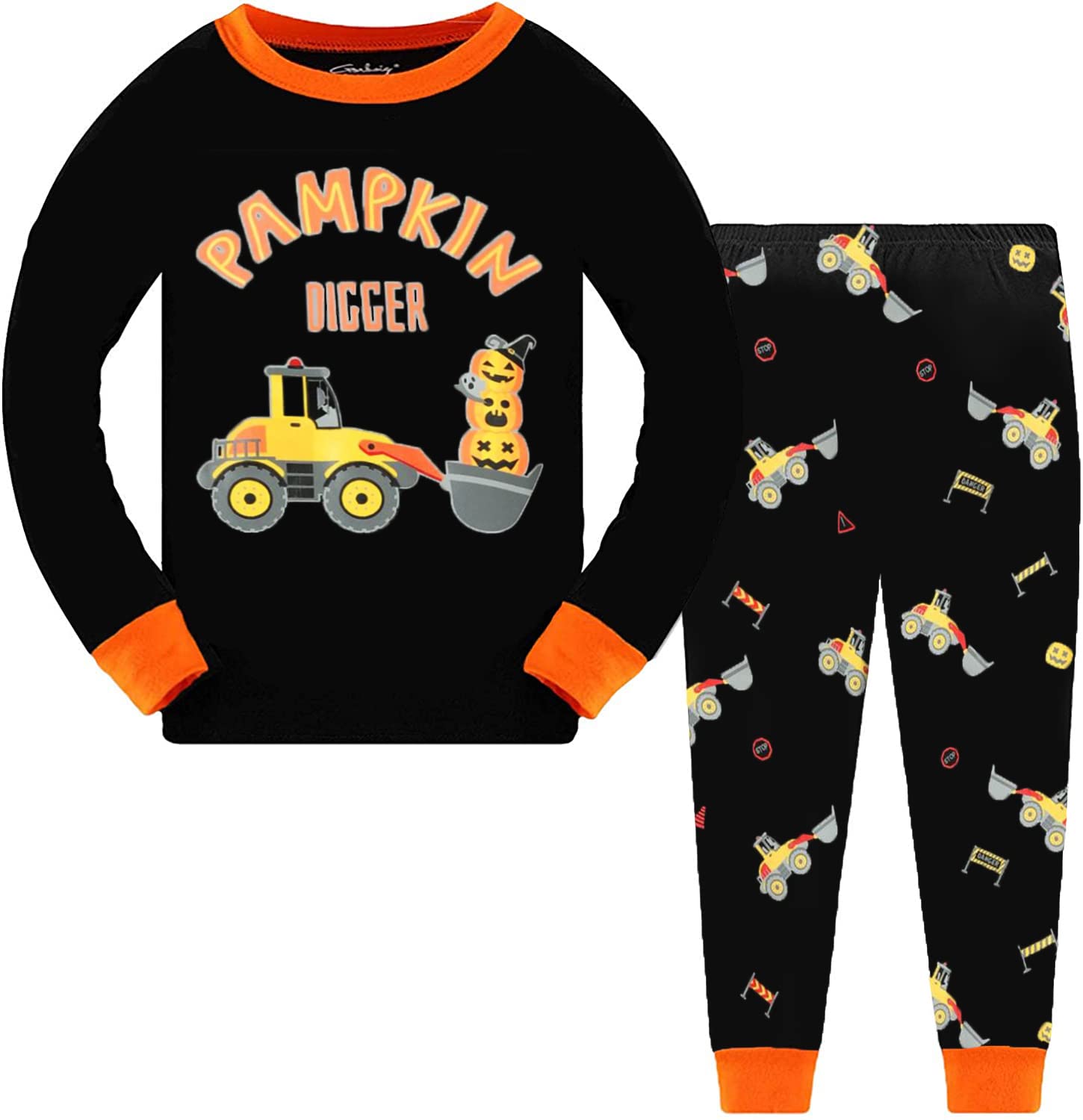 Tkria Kids Pajamas for Boys Skeleton Glow-in-The-Dark Cotton Sleepwear Toddler Clothes Halloween Outfit Size 1-7T… 7 Years Smile Pumpkin Digger