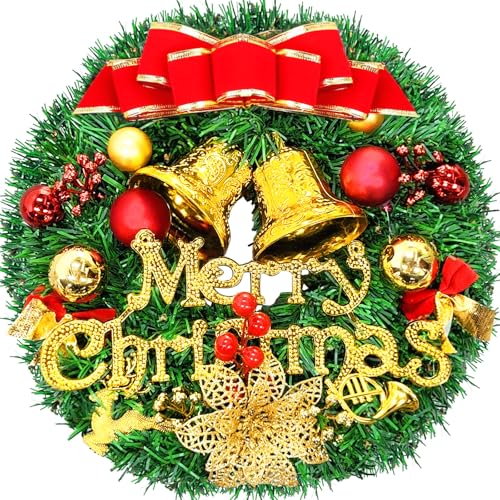 Snarflun Corona de Navidad 30 cm para Puerta con Lazo y Jingle, Guirnalda Navideña Colgante Artificial, Adorno Navideño para Puerta, Chimenea, Ventana y Decoración de Navidad, Feliz Navidad