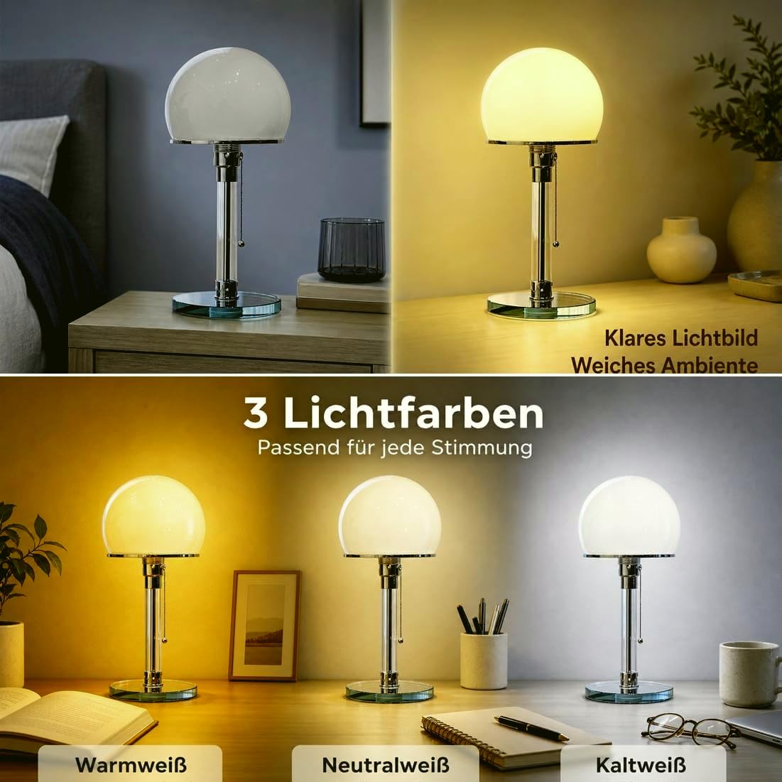 Moderne LED-Pilzlampe Tischlampe, Schreibtisch-Leselampe, Schlafzimmer-Nachttischlampe, Glas-Bauhaus-Tischlampe Pilz Lampen Tischlampe mit 3 Helligkeitsmodi für Wohnzimmer Restaurants