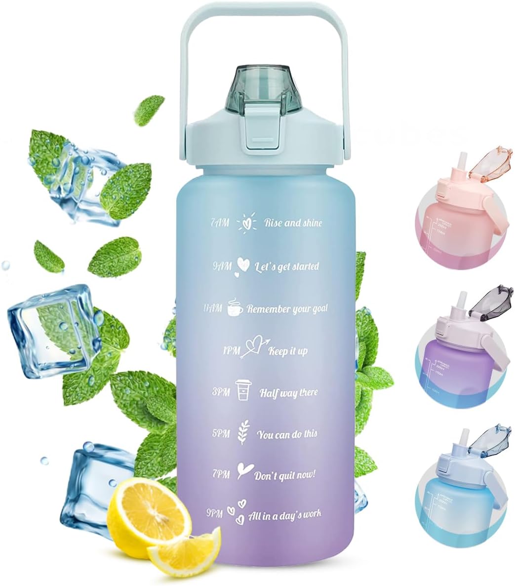 ZeroSpace Water Bottle 2l Leak Proof Water Bottle with Time Marker Water Bottle for Gym Water Bottles with Straw Large 2l Water Bottle Sports Water Bottle Motivational Water Bottle (Green/Purple)