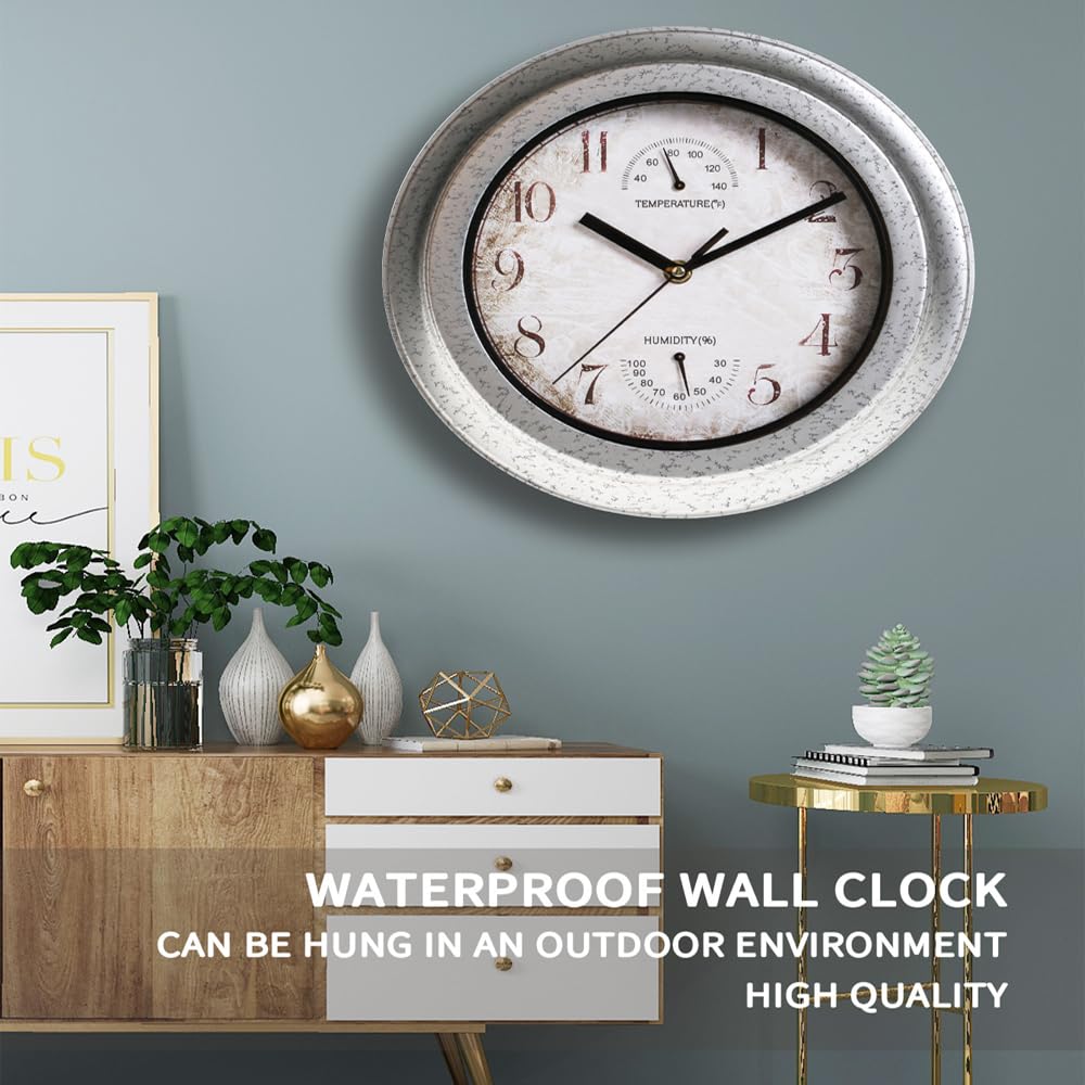 Mateju Horloge Murale Extérieure Étanche 30 cm - Pendule de Jardin Rétro - Horloge Salle de Bain Silencieuse sans Tic-Tac - avec Thermomètre et Hygromètre (Gris,30cm)