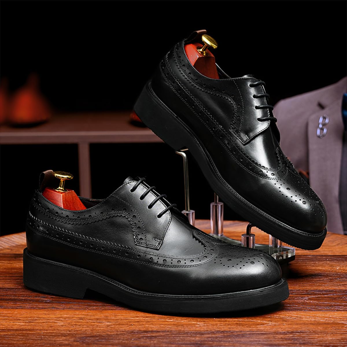 Brogues Cómodos de Suela Gruesa para Hombre Oxfords de Vestir Casuales Negocios Zapatos con Cordones Retro en Cuero