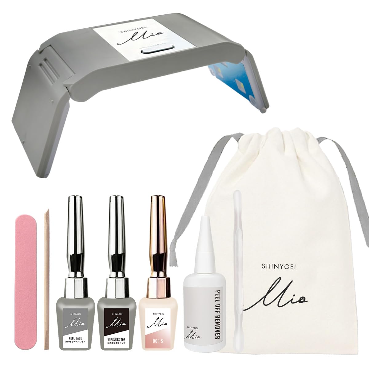 SHINYGEL Mio [Limited Quantity Collaboration Pouch Included] [Lamp Included] Gift Set (Peel Base, Wipe Stop, 1 Color, Wood Stick, File, Light, Collaboration Pouch] Shiny Gelmio / Pure Domestic Product