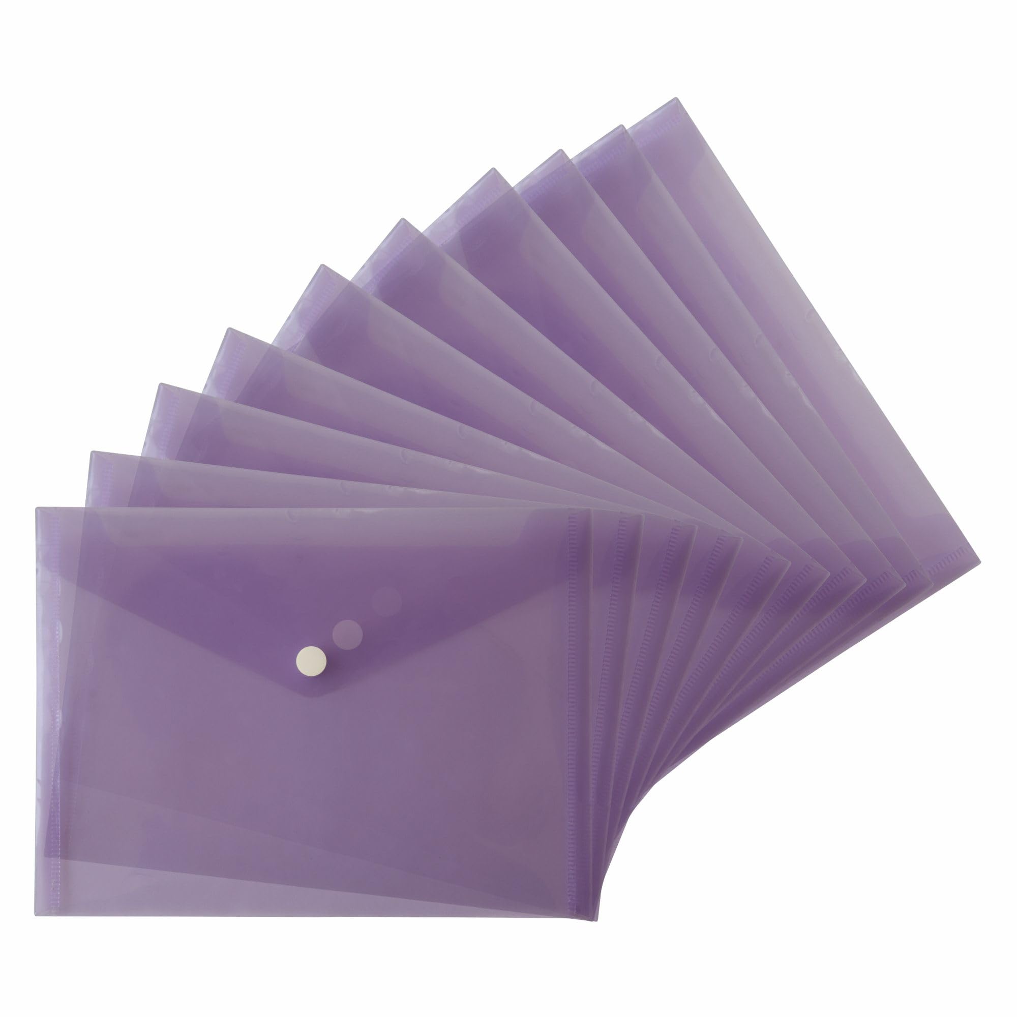 FotoStation A5 Plastic Wallets with Stud Button, Pack of 20 - Translucent Colour Plastic Document Folders to Store Documents A5 Popper Wallets (Purple)