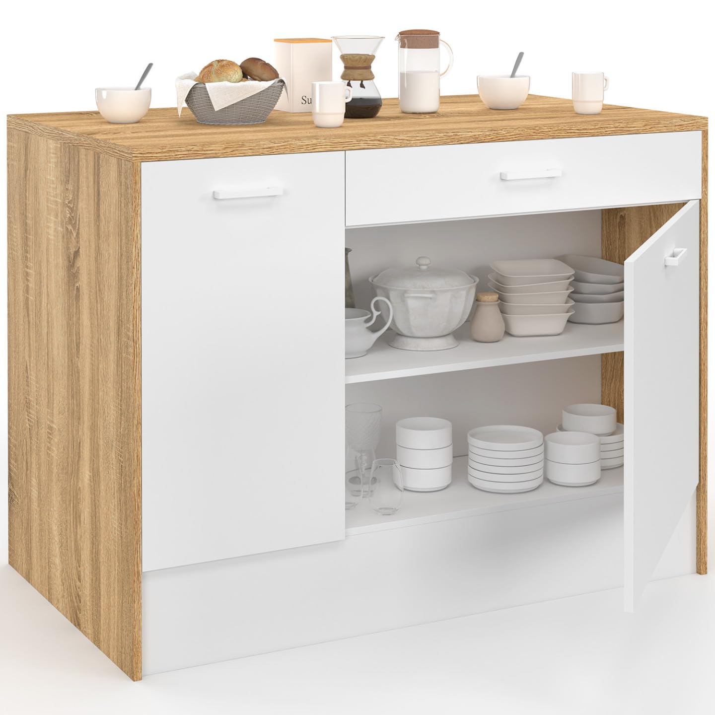 IDMarket - Ilot Central LIO Maxi capacité de Rangement Bois et Blanc