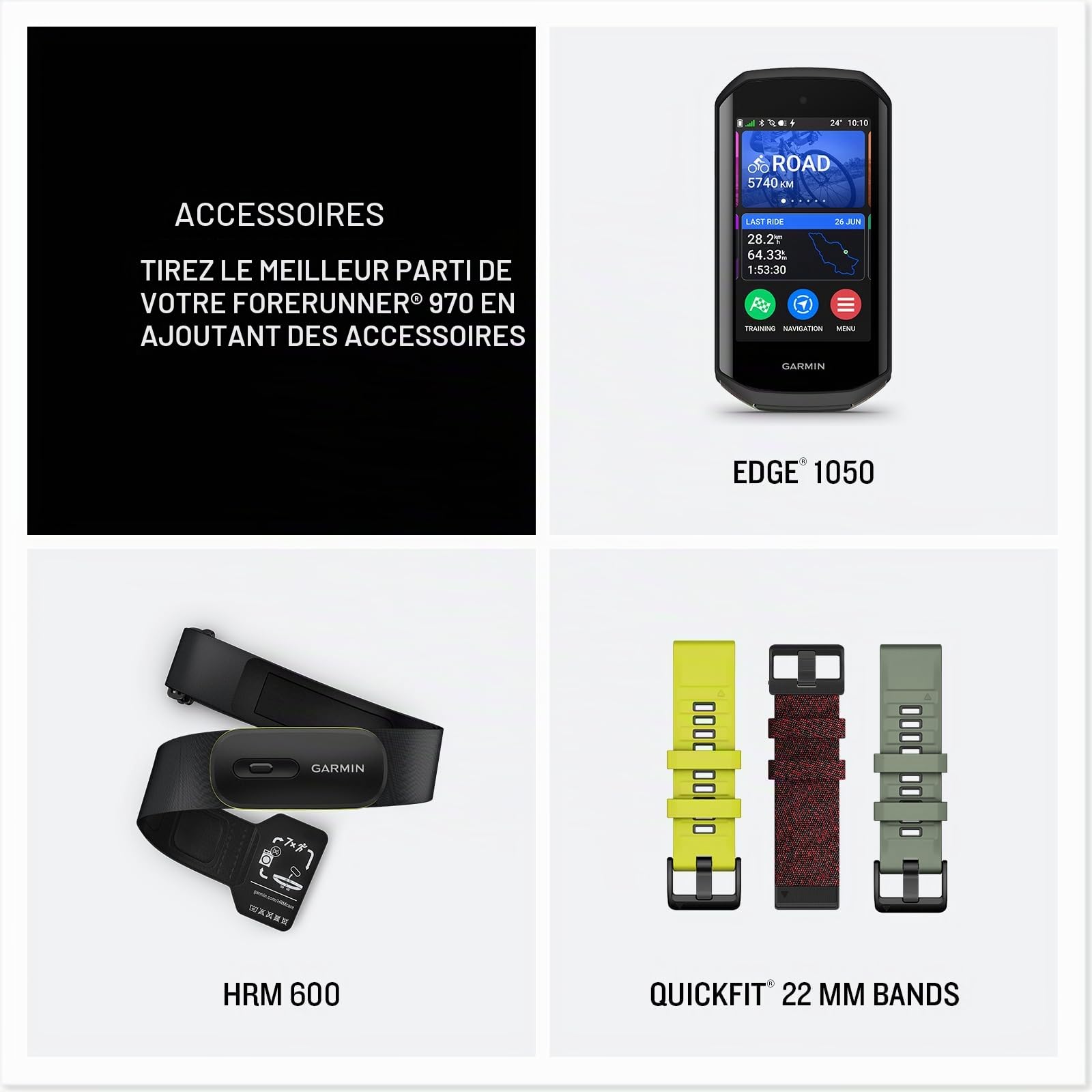 Garmin® Forerunner® 970 Montre Intelligente GPS de Course et de Triathlon avec écran AMOLED, Lampe de Poche LED intégrée, Titane doré Doux avec boîtier Gris français et Bracelet Gris français/Indigo