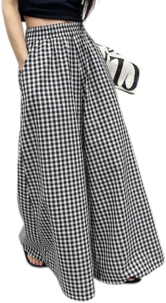 Womens Plaid Pants Black and White Checkered Skirt Pants Elastic Waist Wide Leg Flowy Palazzo with Pockets Casual Trousers - Image 2