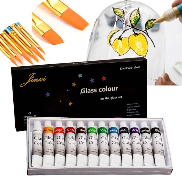 CHUMIRRY KIDS Stain Glass Paint, Non-Toxic Window Paint, Permanent Glass Paint Kit, Lacquer Based for Superior Stained Glass Art Paint, Glass Painting with 10Pieces Round Pointed Tip Nylon Hair Brush
