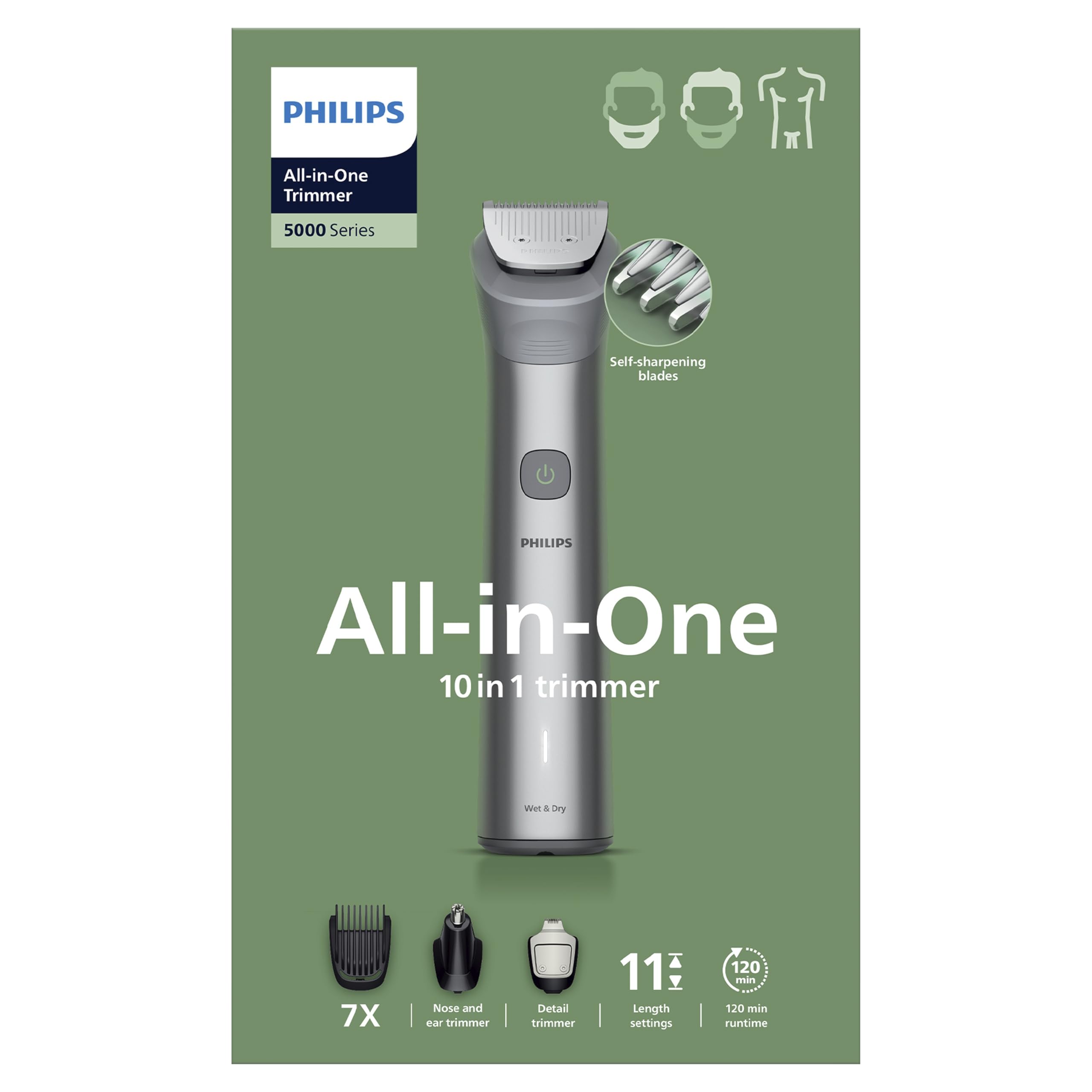 PHILIPS Multigroom Series 5000 All-in-One 10 teiliger Barttrimmer und Haarschneider für Gesicht, Kopf und Körper, selbstschärfende Metallklingen, 11 Längeneinstellungen (0,5-16 mm), Modell MG5921/15