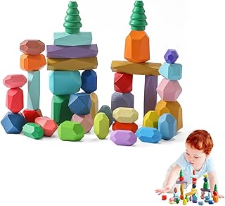 Promise Babe Montessori Wooden Toy 38 Pieces Balancing Stones for Children, Stacking Blocks Building Blocks Balance Stones, Wooden Stacking Toy Sorting Stacking Balance Stone Stacking Game Educational