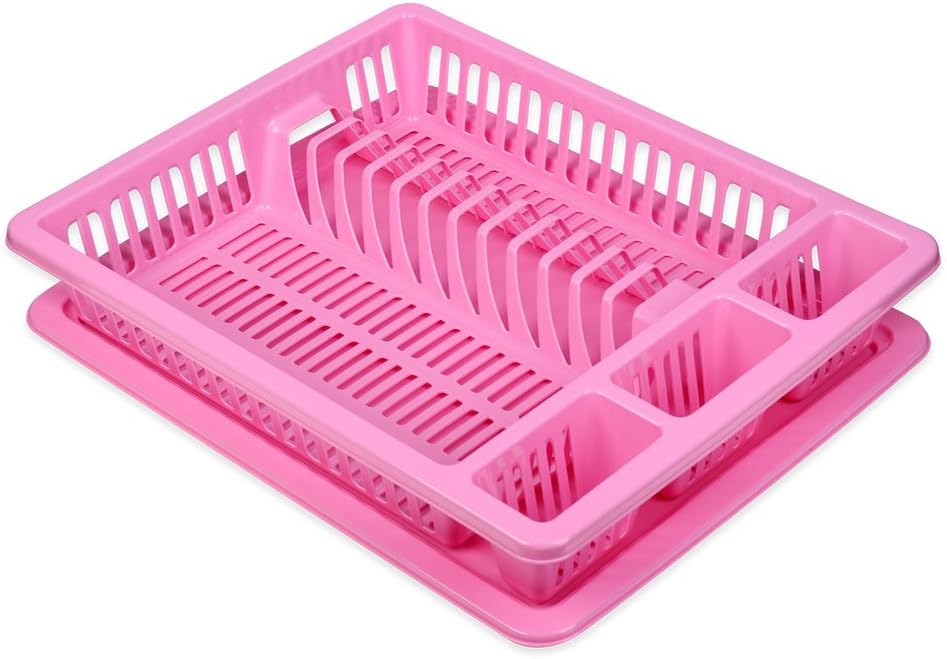 Schramm® Dish Drainer with Tray in 10 Colours Approximately46 x 37 x 8 cm Draining Stand / Draining Rack for Washing Up Drainer Rack Drip Tray for Plates, Cups and Cutlery, Dish Drying Rack Pink