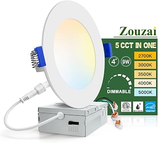 1 Pack 4 Inch 5CCT Ultra-Thin LED Recessed Ceiling Light with Junction Box, 2700K/3000K/3500K/4000K/5000K Selectable, 9W Eqv 80W, Dimmable, led can Lights - ETL and Energy Star Certified