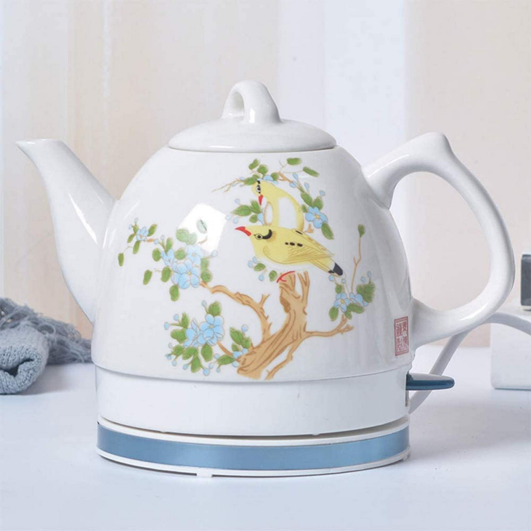 Bollitore Elettrico Portatile Bollitore in Ceramica Teiera-Brocca Retrò da 1 Litro, Base Rimovibile, Protezicontro L'Ebollizia Secco-1000W