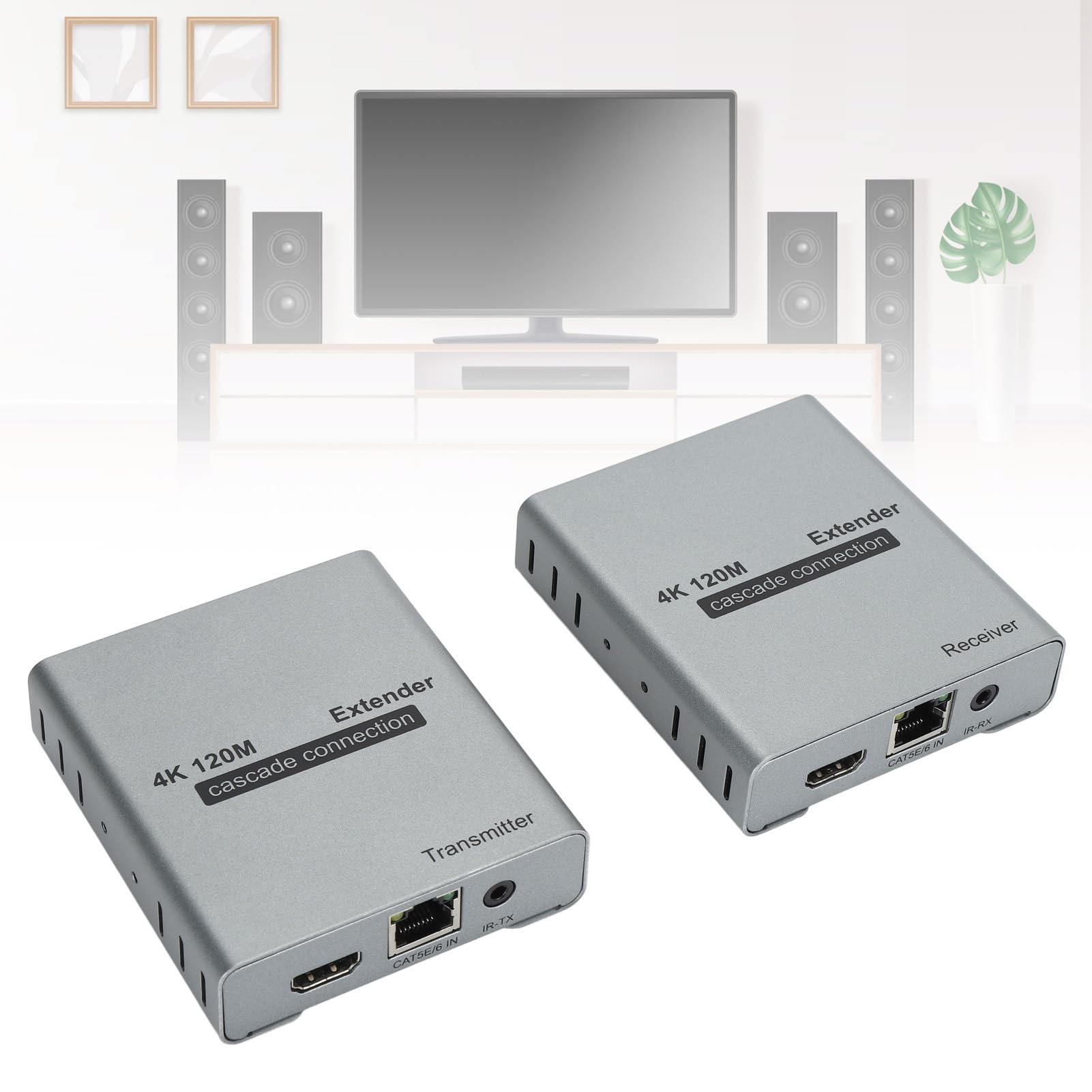 Extensor HDMI, Extensor de Amplificador de Señal HDMI 4K 120M, Conexión en Cascada de Cable LAN CAT5e Cat6 a Través de RJ45 Ethernet, Compatible con Control Remoto por