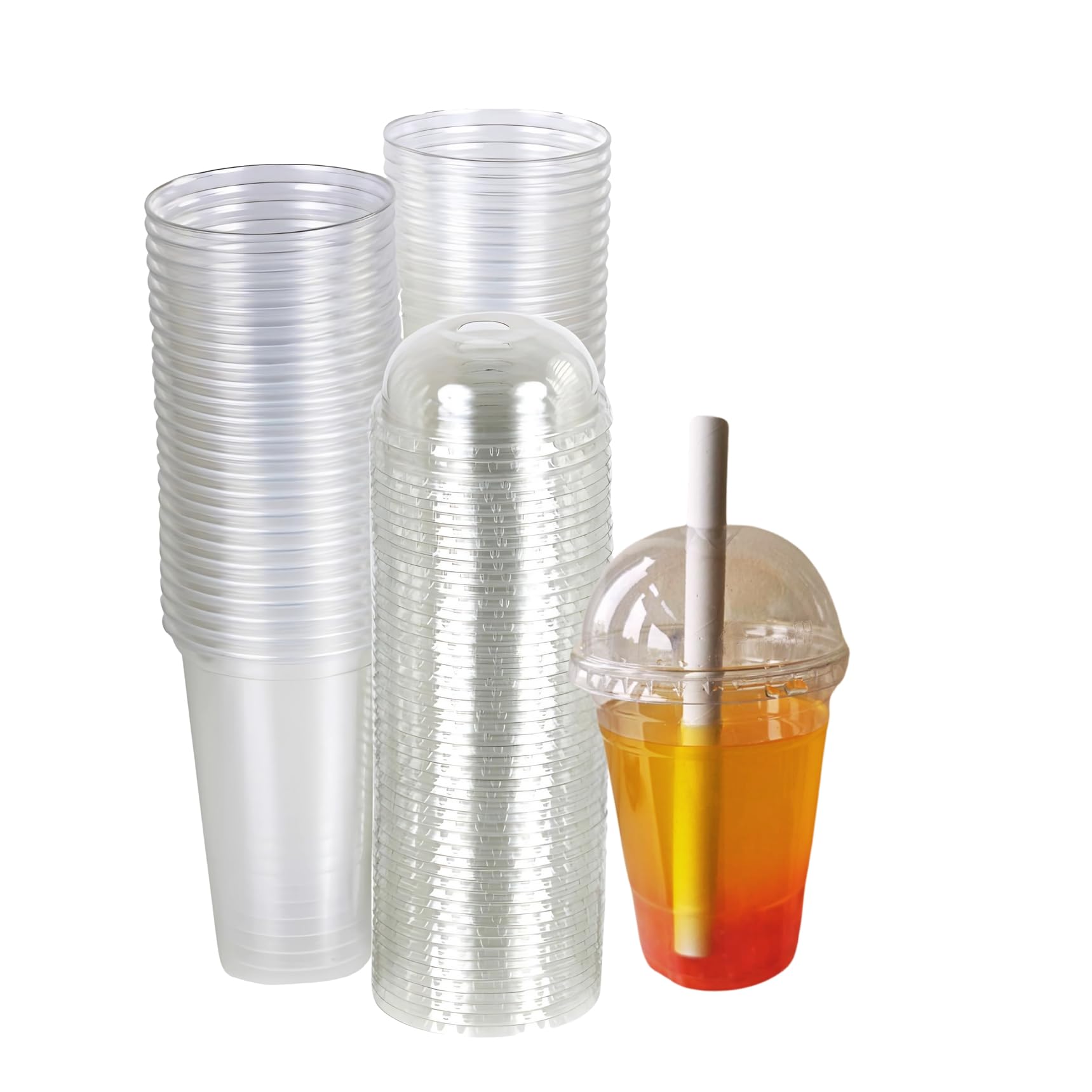 Strong Clear Plastic Smoothie Cups with Dome Lids – Reusable, Crystal Clear, Durable, and Leak-Proof | Perfect for Juices, Milkshakes, Iced Coffee, and Beverages (100, 8oz)
