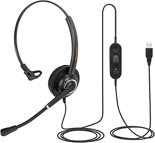 One Ear Computer Headset with Noise Cancelling Microphone for PC Laptop, Office USB-A Headphone with Mic Works for Teams Zoom 3CX Jabber Webinar Conference Dragon Dictation Skype Call