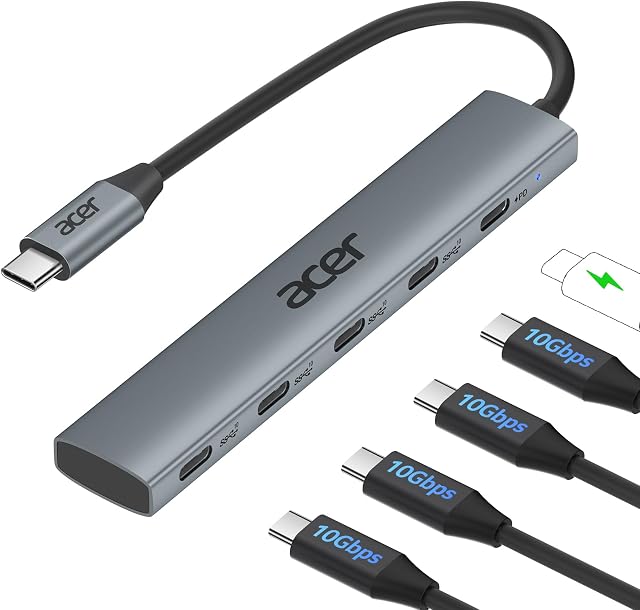 Acer USB C Hub 10Gbps with Type-C PD 100W, Ultra Slim Aluminum 5-in-1 USB-C Splitter with 4*USBC 3.2 Ports for iPhone 17/16 Series, MacBook Pro/Air, iPad, iMac, Chromebook, Galaxy S24/23, etc
