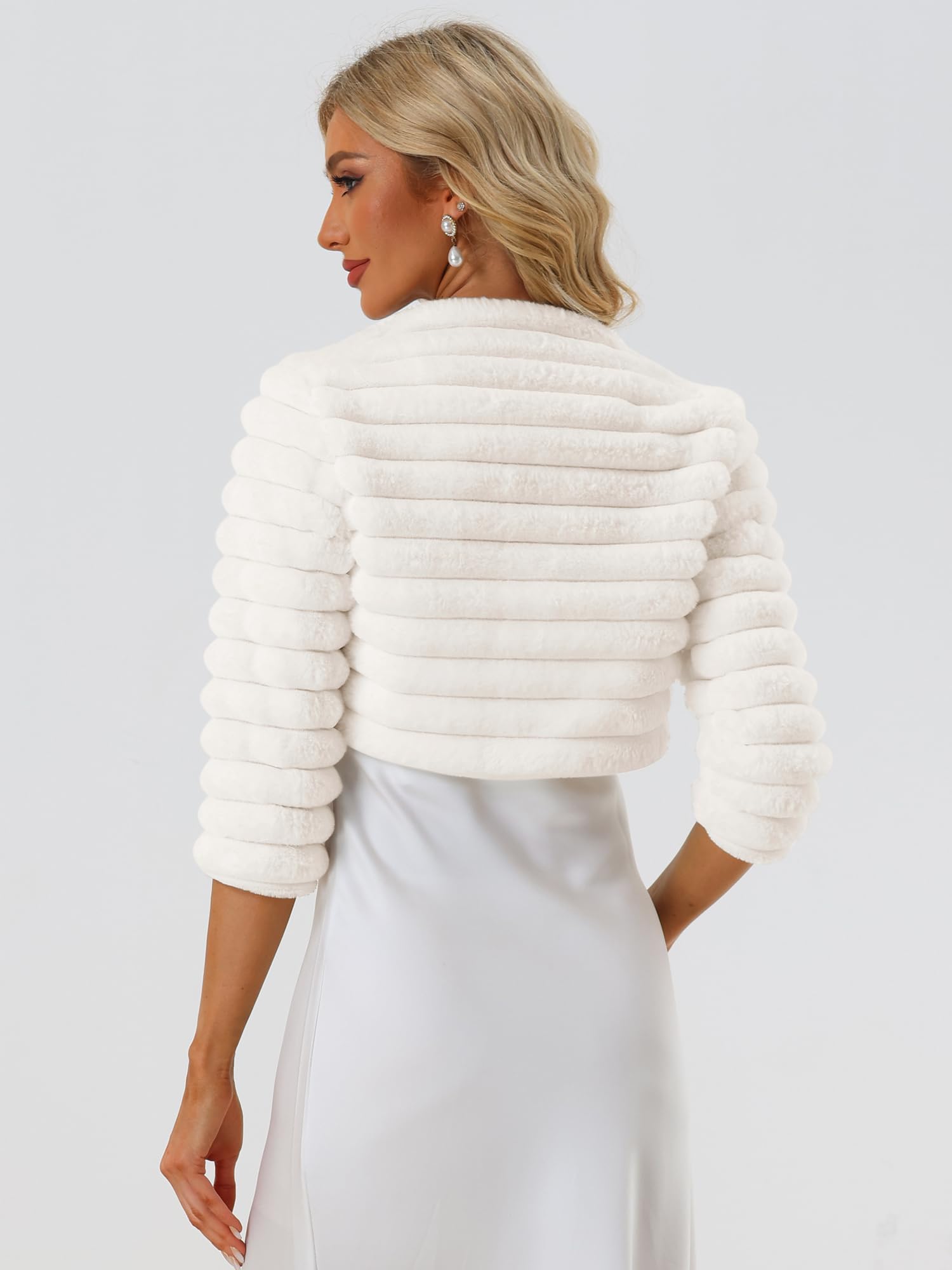 Allegra K Chaqueta Corta para Mujer para Vestidos Bolero Faux Fur Shrug Chaqueta Cárdigan | Chaqueta mullida para vestidos de noche, manga 3/4, abrigo mullido, traje formal de noche, otoño e invierno