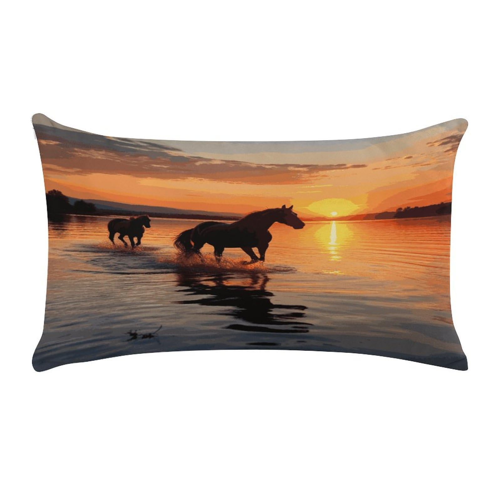 Sunsets Lake Horses Pillow Cover Super Soft Pillowcase Luxury Cozy Fuzzy Velvet Pillow Shams Breathable Standard Pillow Cases with Zipper Wrinkle-Free Pillow Cover 12 "×20 "