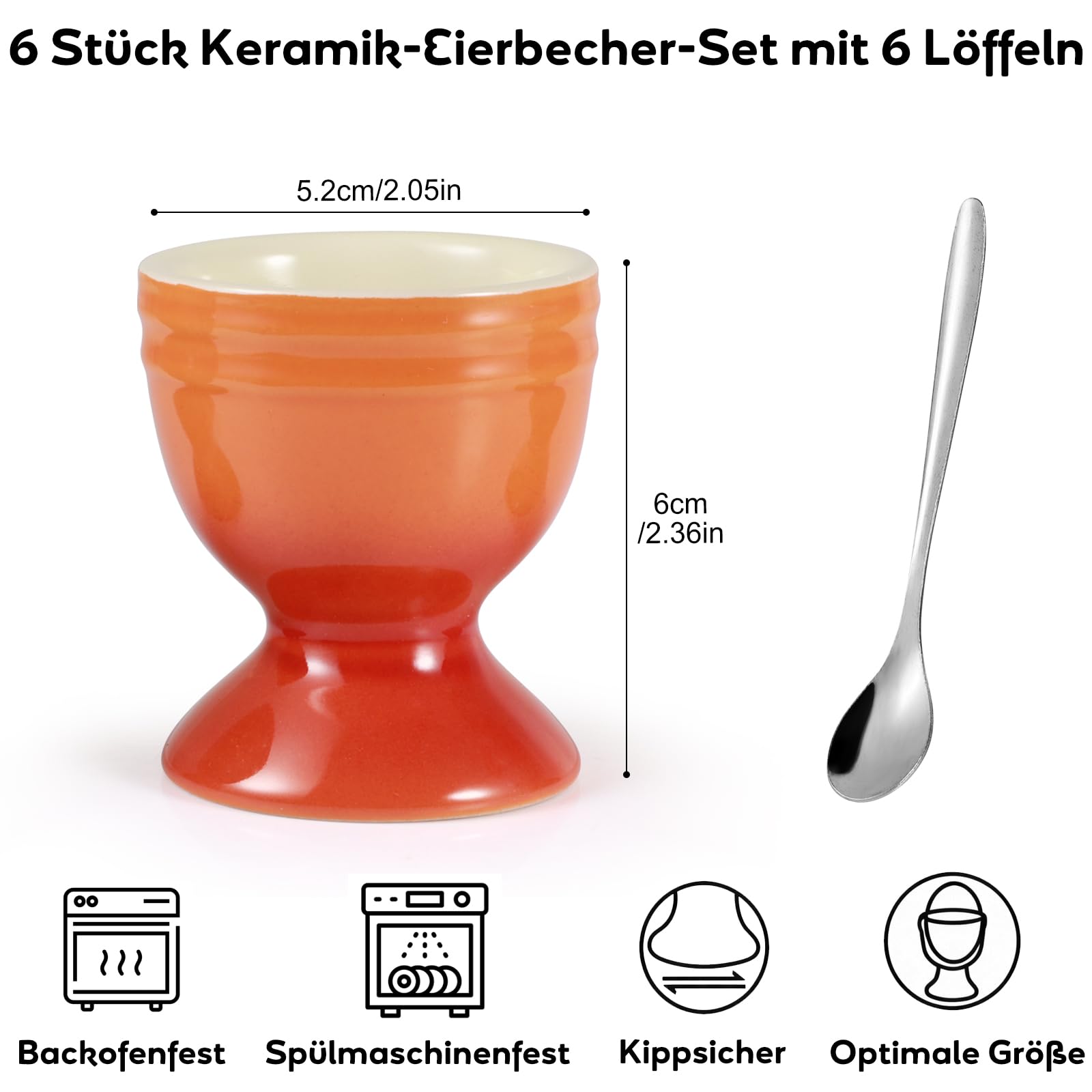 6er Set Eierbecher Porzellan, Eierbecher Keramik Bunt mit 6 Löffeln, Ø 5cm x 6cm, Eierhalter Eierständer Porzellan für Gekochte Eier Frühstück Brunch Abendessen, Spülmaschinenfest