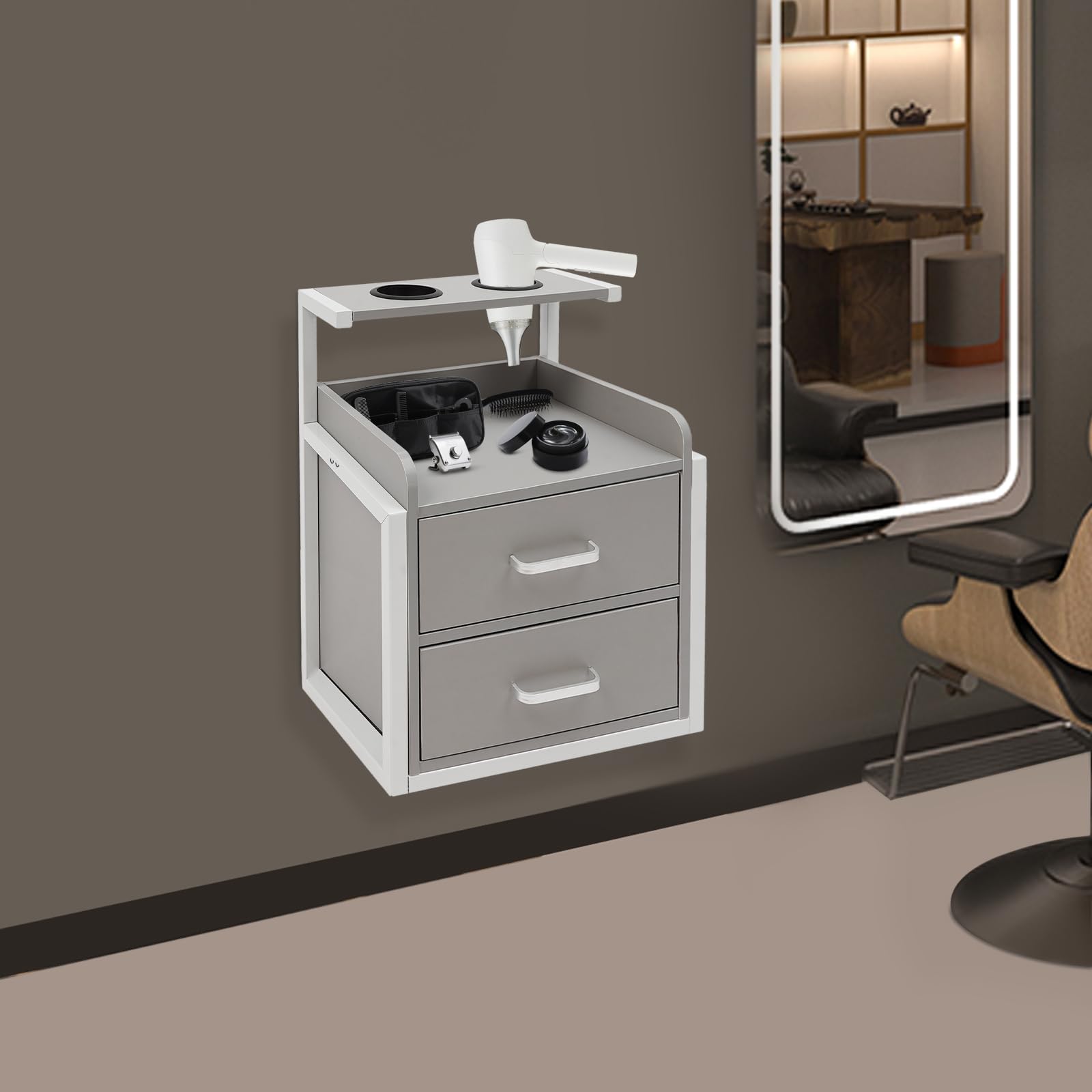 Mehrzweck Hängeschrank, Werkzeugschrank für Friseur, Salon Wandschrank mit Haartrockner-Halterung und Schubladen, Friseur Zubehör, Beauty Wandschrank, Nachttisch, 40 * 30 * 48cm (Weiß)