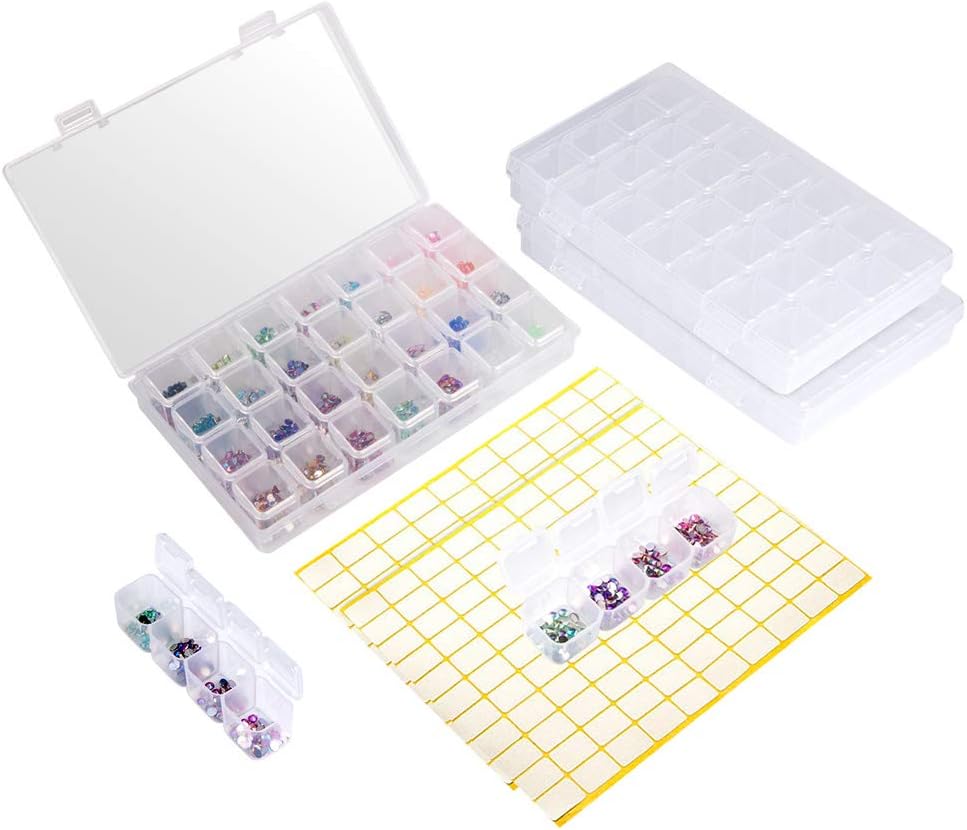 Diamond Painting Embroidery Box 3 Pack 28 Slots Accessory Storage Box Organiser Removable Clear Plastic Nail Art Rhinestone Jewelry DIY Art Craft Pill Bead Storage Box Case with 2 Label Marker Sticker