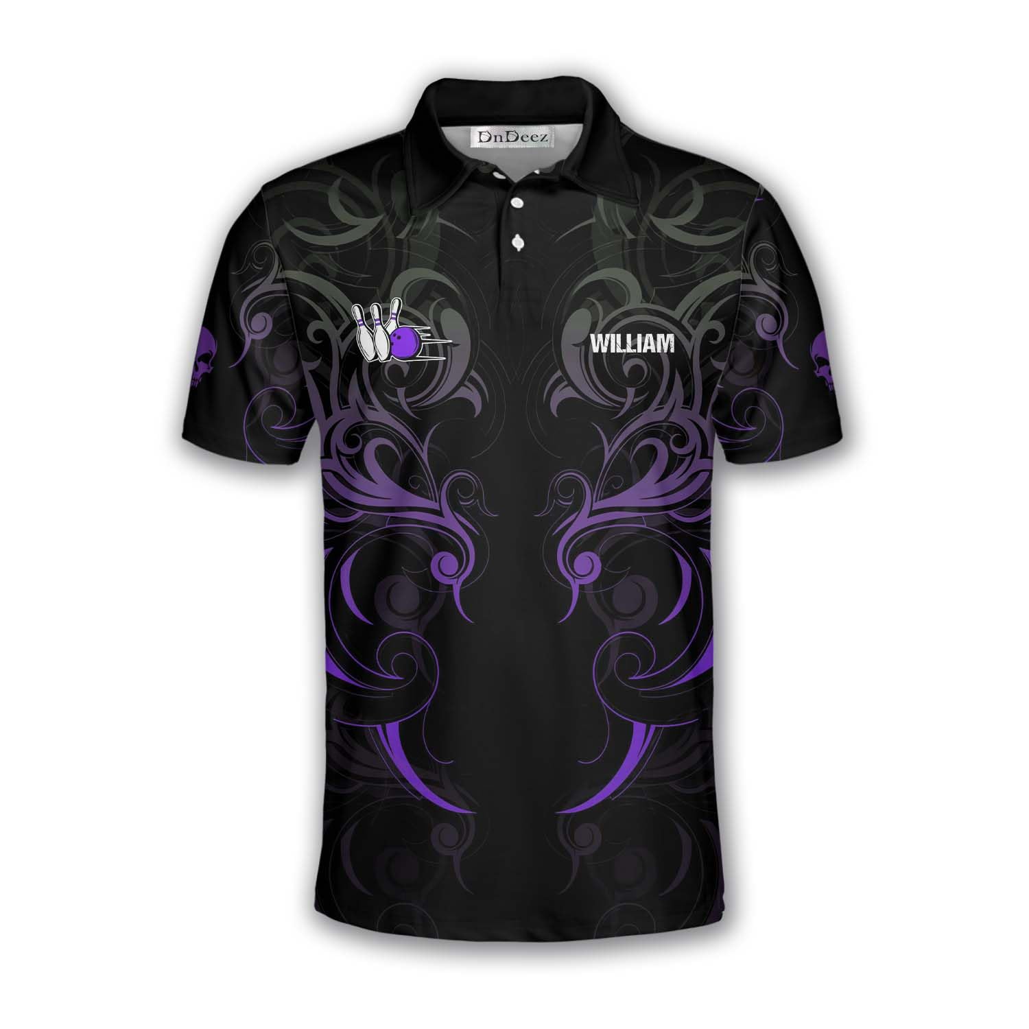 DnDeez Custom Bowling Shirts for Men, 3D Print Bowling Shirts Unisex Polo Flaming Skull, 2XL Purple
